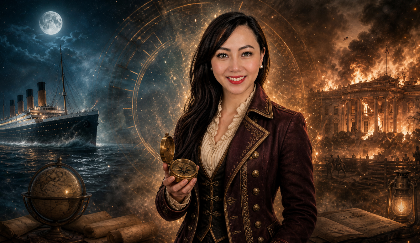 Mellisa holds an antique compass between an ocean liner and a burning historic building in a cinematic time-travel scene.