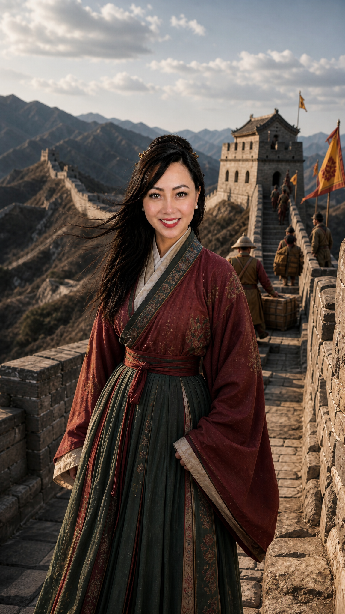 Mellisa standing on the Great Wall of China at golden hour with watchtowers and mountain ridges behind her