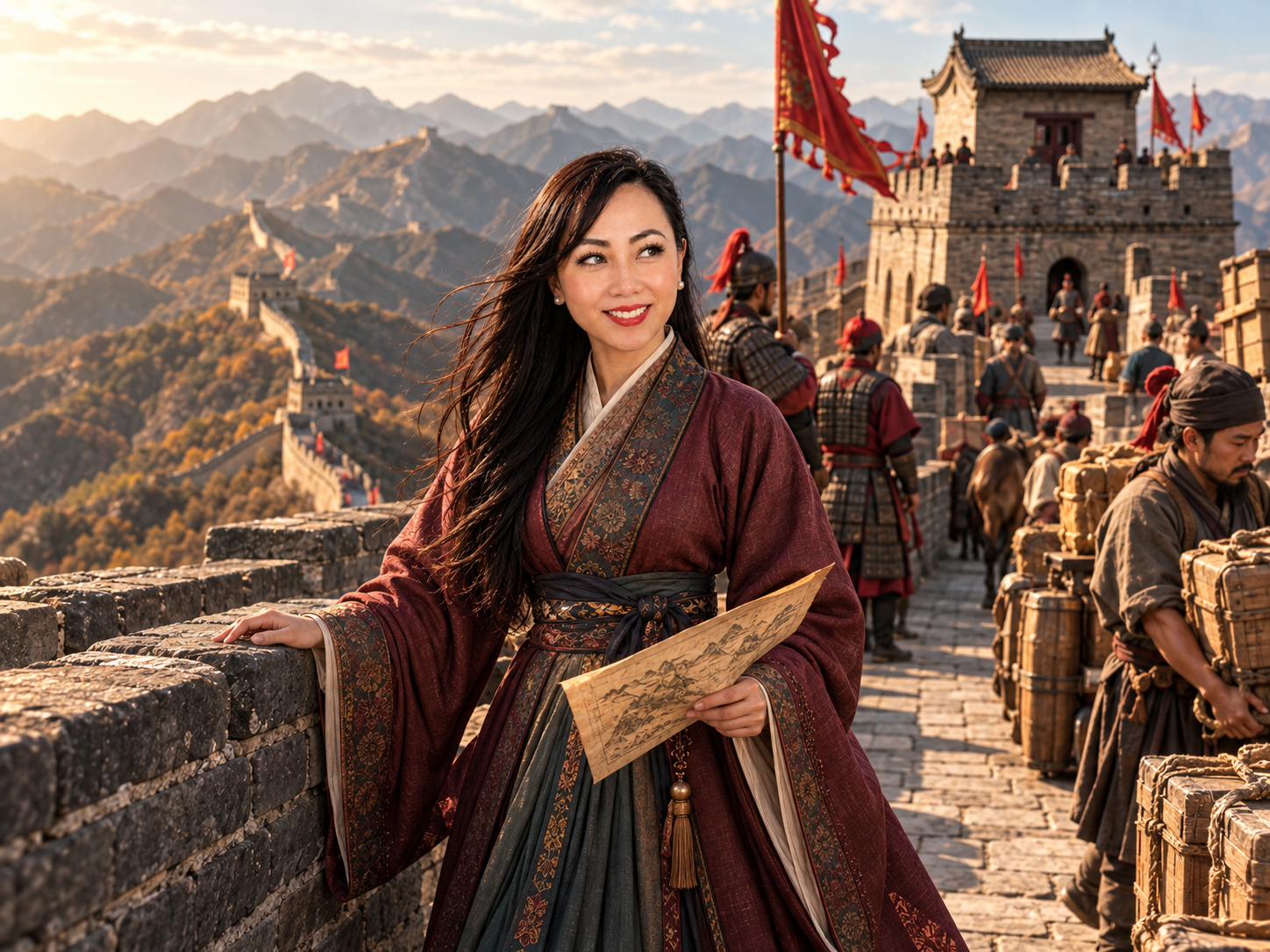 Mellisa among workers and guards on a mountainous section of the Great Wall of China