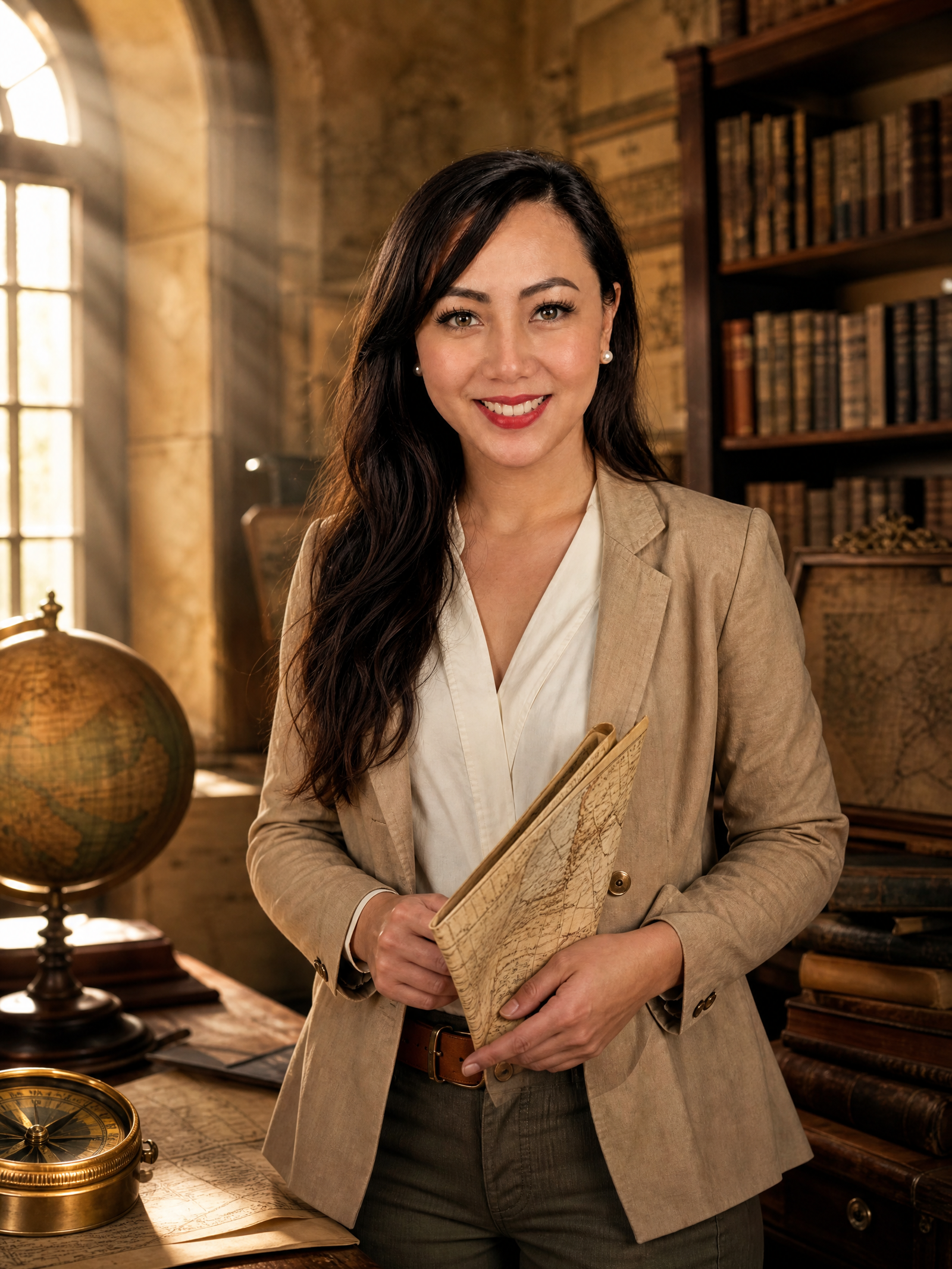 Mellisa in a beige jacket holding an antique map in a warmly lit historical research library.
