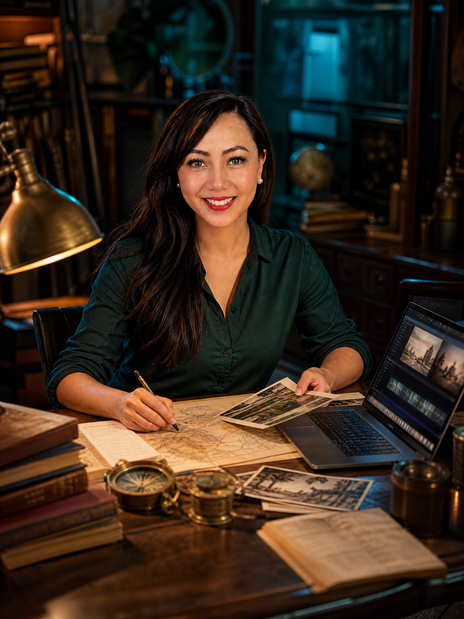 Mellisa researching historical photographs and maps at a creative studio desk beside a laptop.