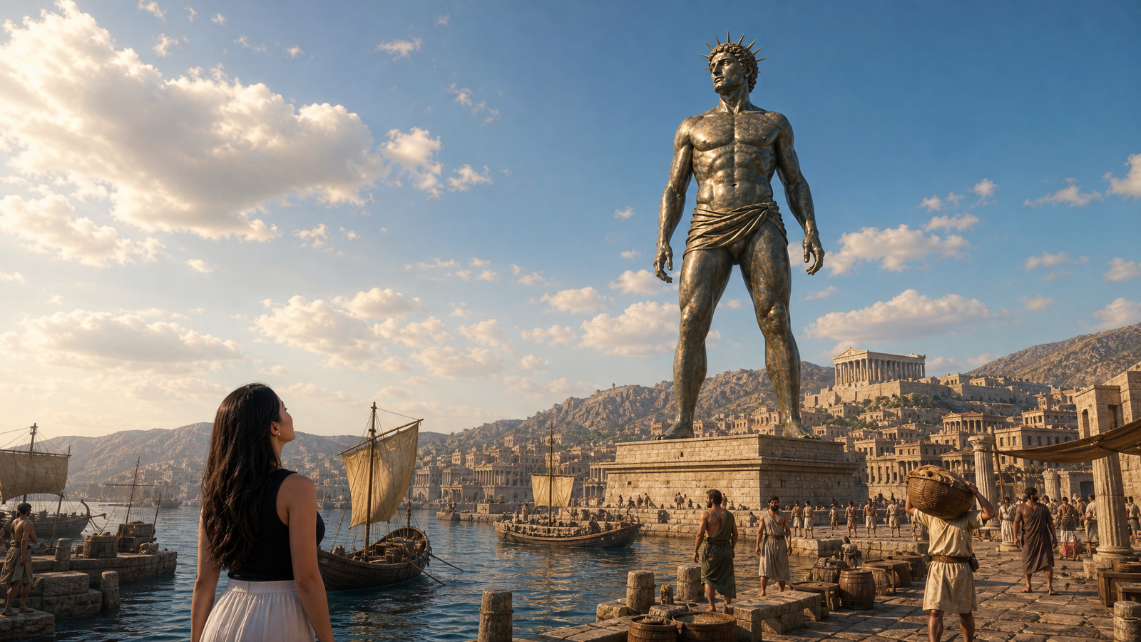 Mellisa faces an imagined bronze Colossus on a single pedestal beside the harbor of Rhodes