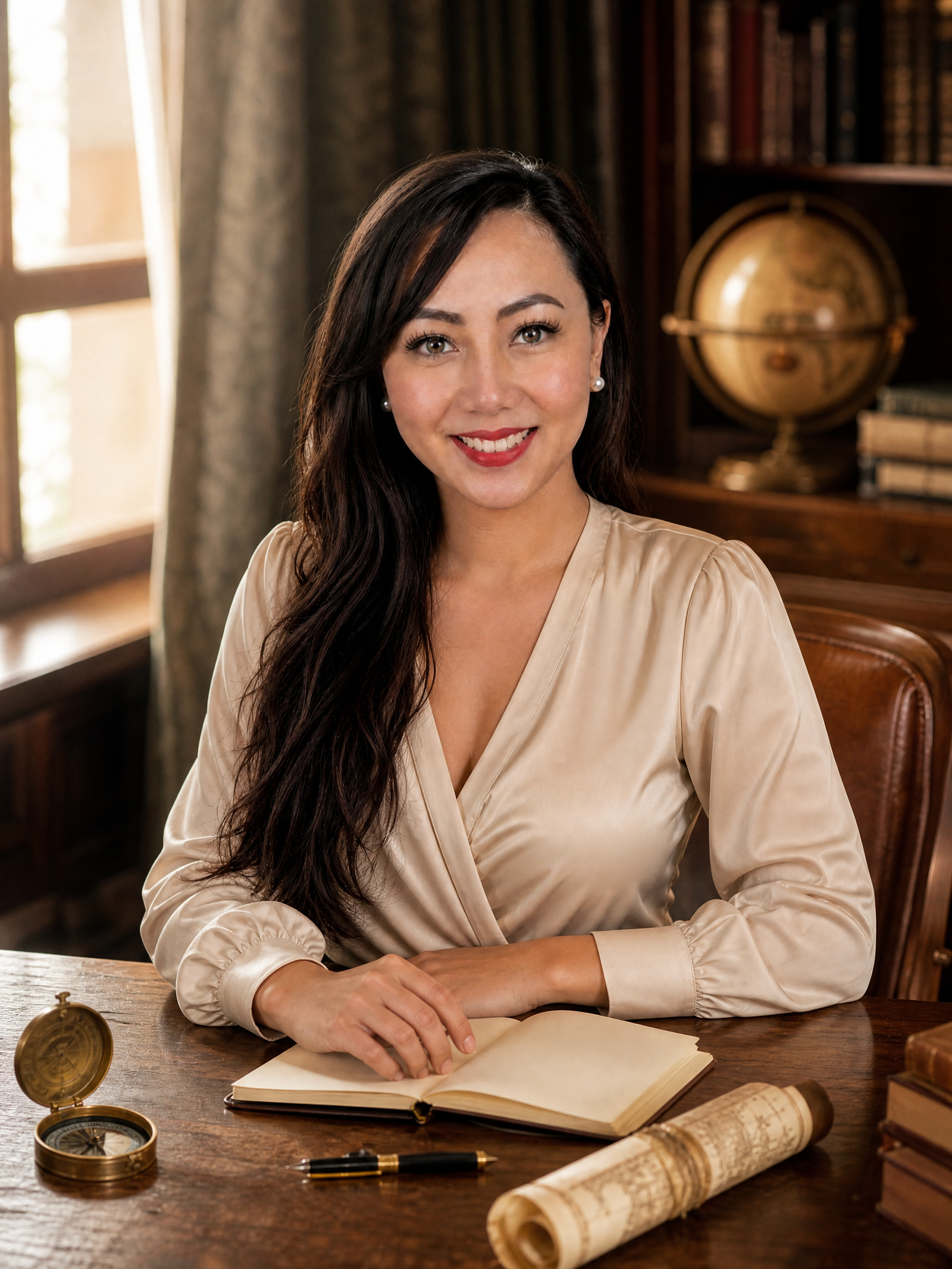 Mellisa smiles at the viewer from a wooden writing desk in a warmly lit study.