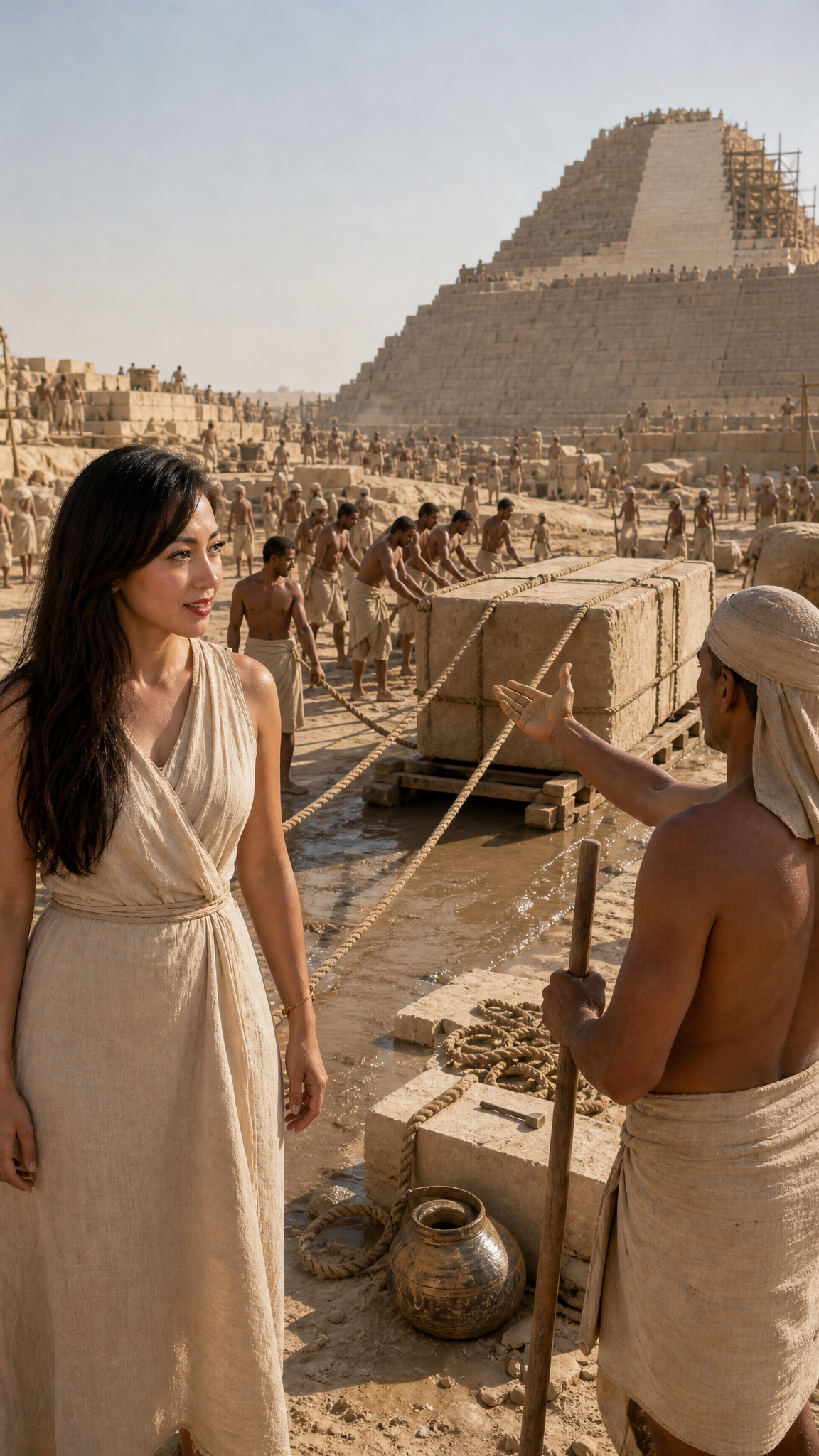 Historical reconstruction of workers and construction activity around the Great Pyramid