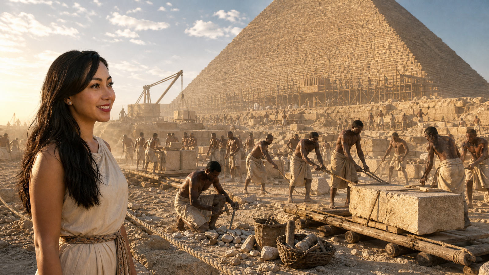Mellisa watches workers shaping and moving stone beside the Great Pyramid