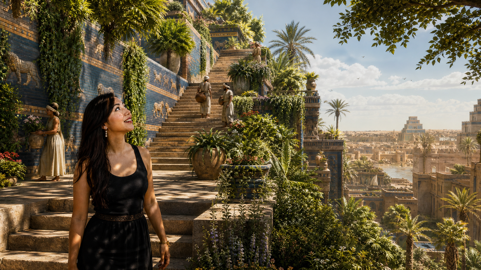 Mellisa explores an imagined terraced garden above a Mesopotamian city