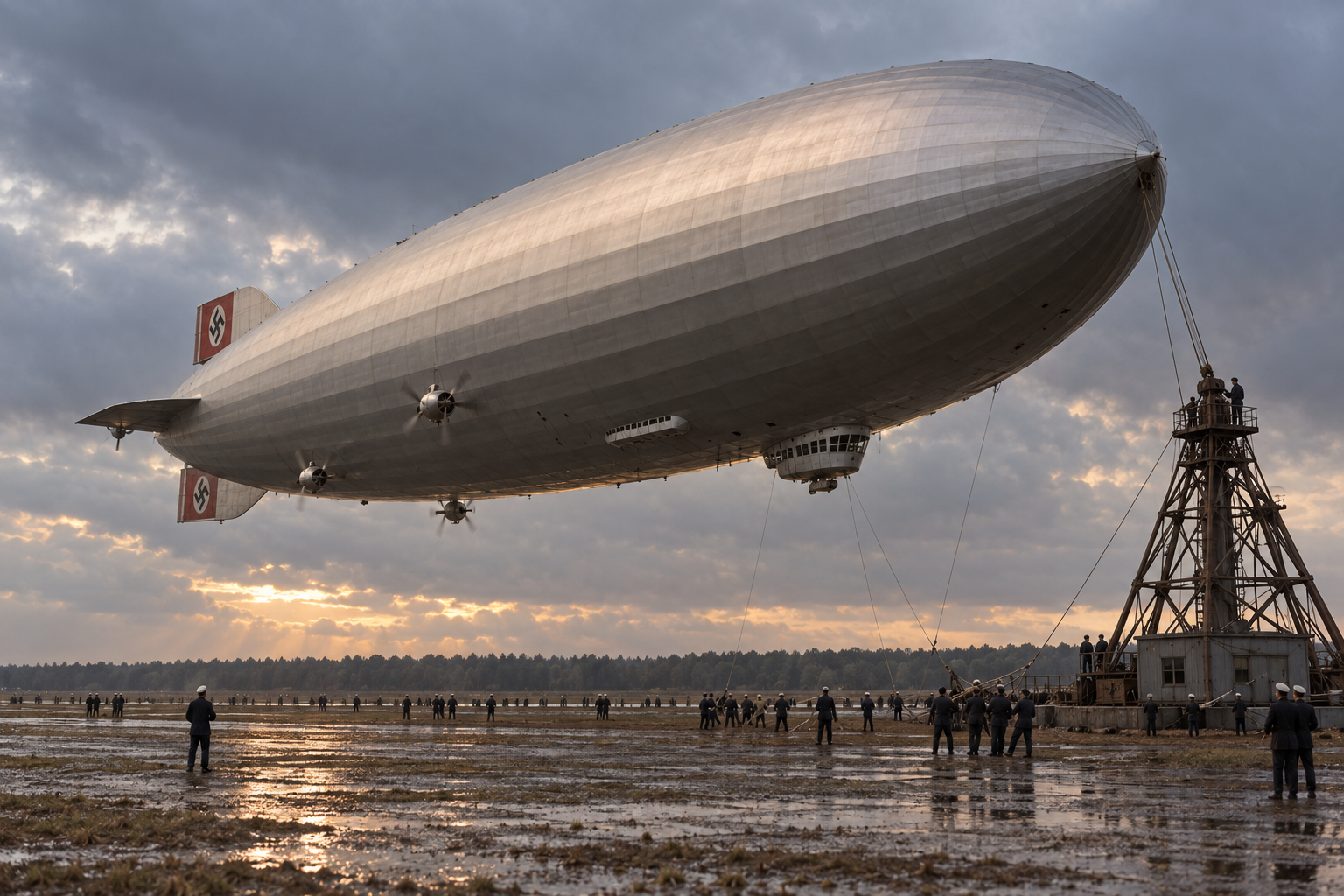 The Hindenburg during its Lakehurst arrival.