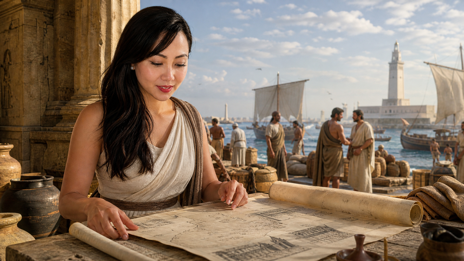 Mellisa studies a scroll beside a busy ancient harbor in an imaginative historical scene