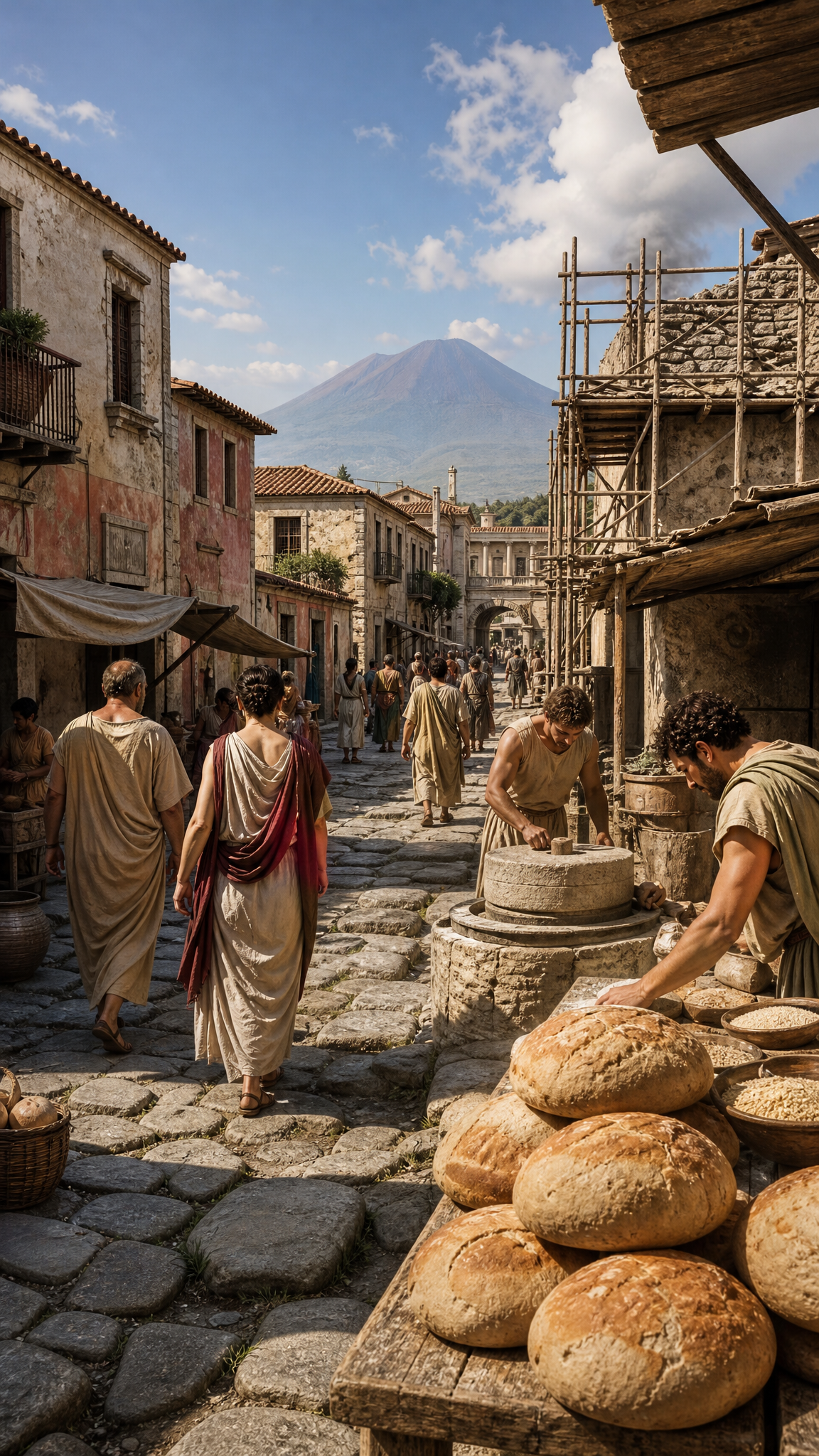 Daily life in a bakery and market street of ancient Pompeii.