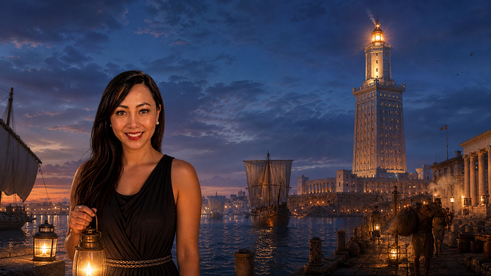 Mellisa holds a lantern beside an imagined Lighthouse of Alexandria at dusk