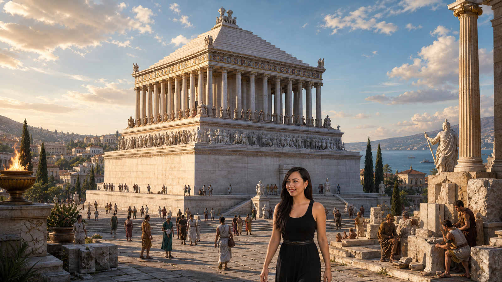 Mellisa stands near a reconstructed Mausoleum at Halicarnassus overlooking the coast