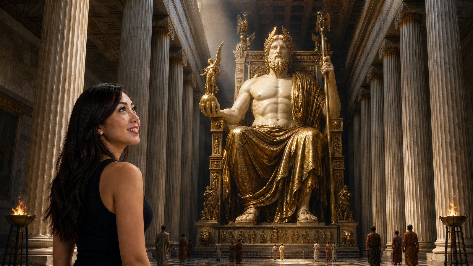 Mellisa looks up at a reconstructed seated gold-and-ivory Zeus inside a temple