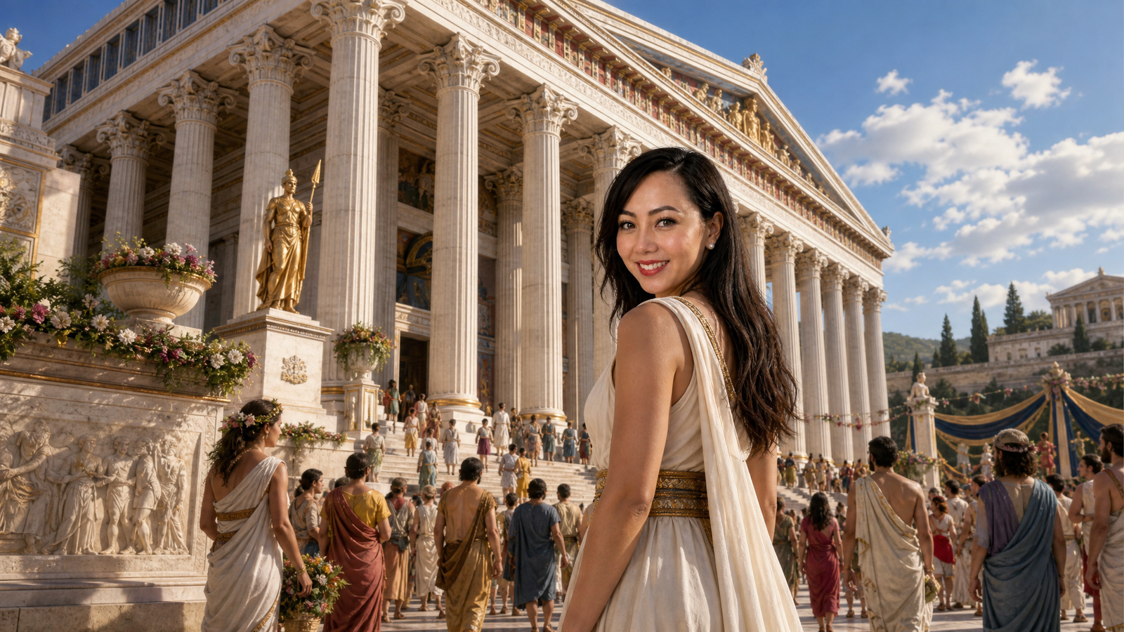 Mellisa beside a reconstructed Temple of Artemis with visitors gathering around its columns