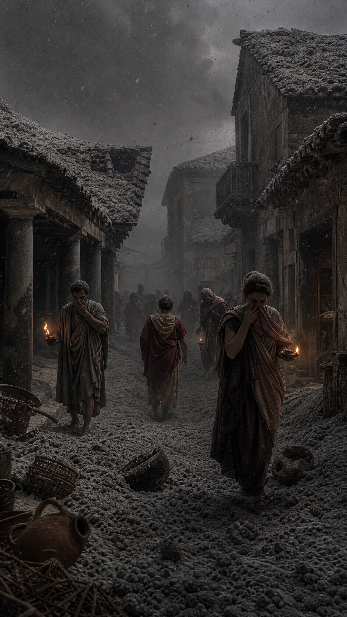 Darkened conditions in Pompeii as volcanic debris continues falling.