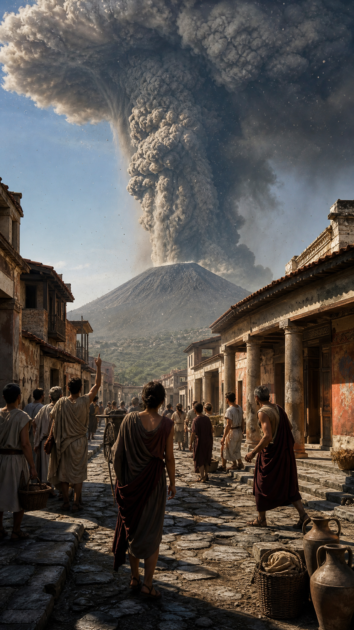 Mount Vesuvius beginning its eruption above Pompeii.