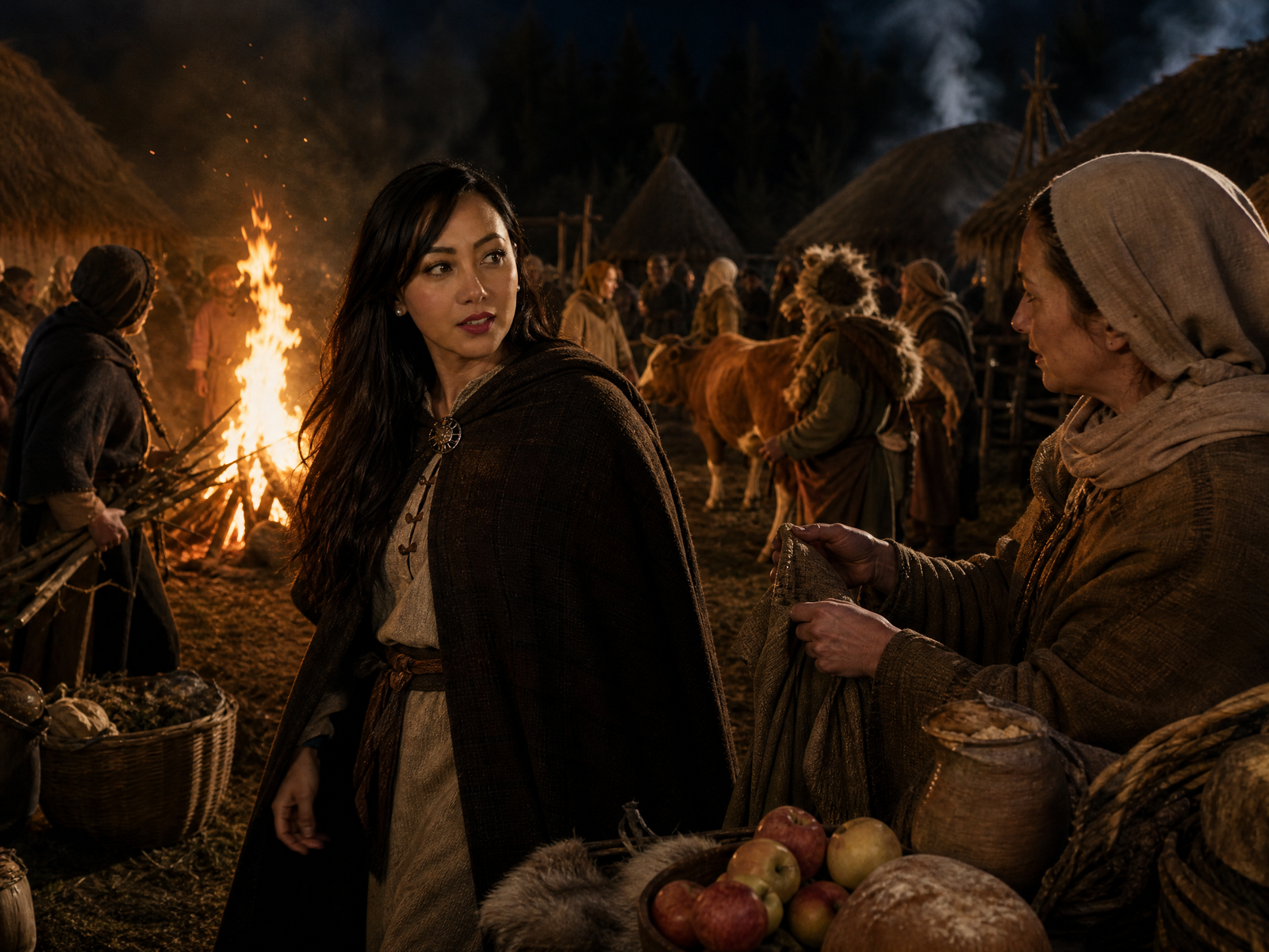 Mellisa entering a firelit Samhain gathering in early Gaelic Ireland