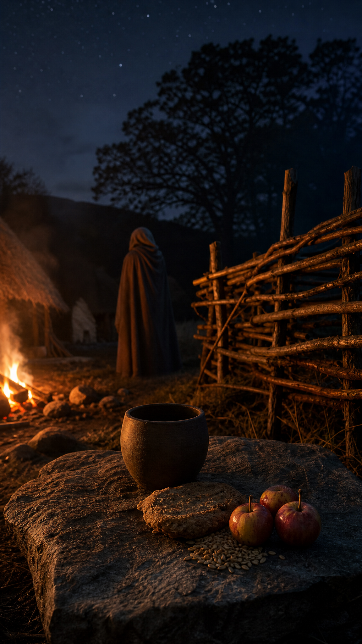 A cautious reconstruction of food placed near the edge of a firelit Gaelic settlement at twilight