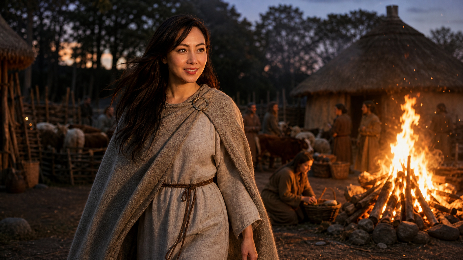 Mellisa among villagers in a cautious reconstruction of a firelit Samhain gathering