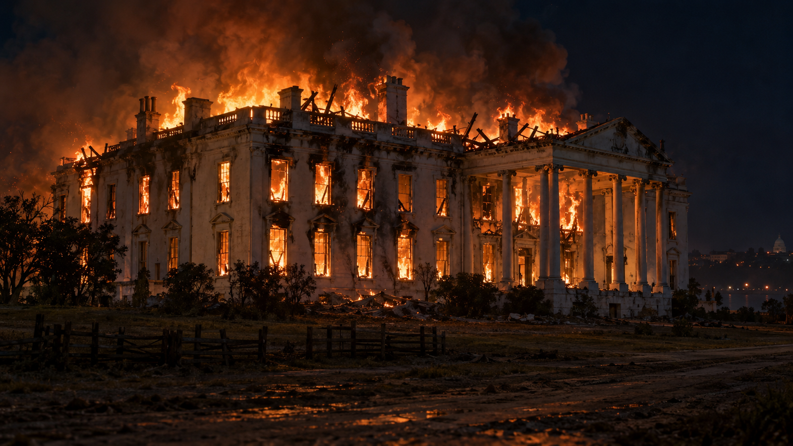 The President's House burning during the British occupation of Washington in August 1814.