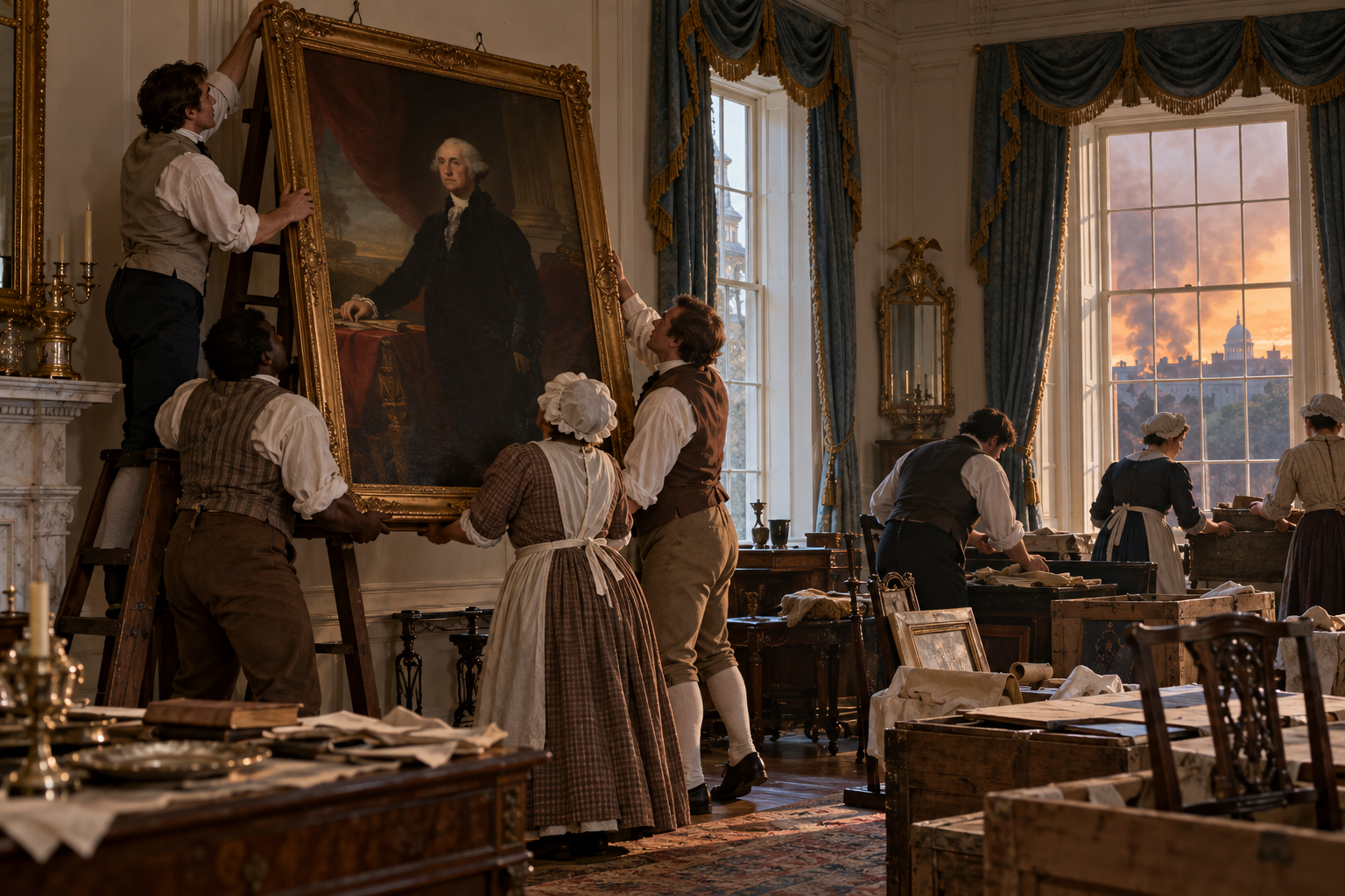 The evacuation of the President's House and the rescue of George Washington's portrait before British forces arrived.